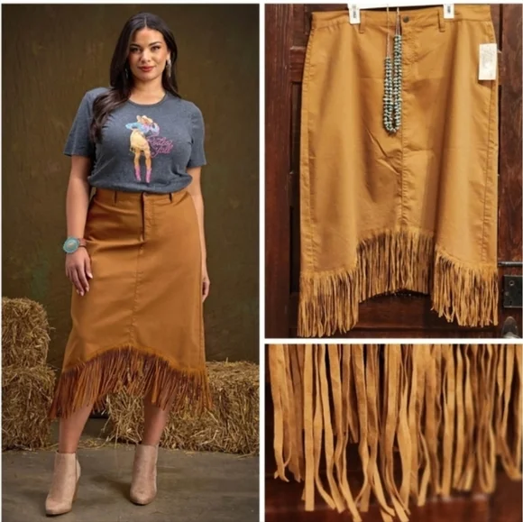 ‼️OUT OF STOCK‼️Fringe Hem Denim Asymetrical Midi Skirt Size 20 Tan Western - Picture 2 of 8